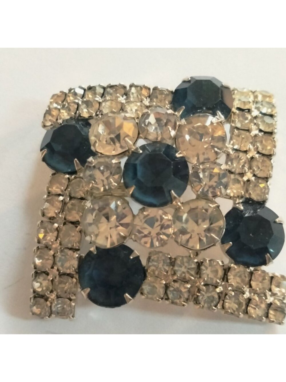 Vintage Rhinestone Brooch Pin Square Blue Crystals Mid Century Elegant Glam